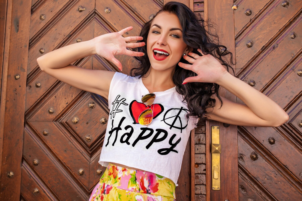 A happy women wearing. Spring T-Shirt